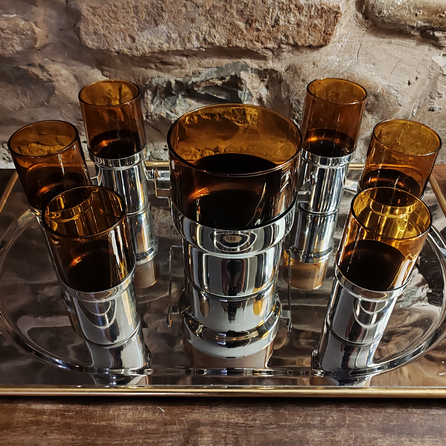 Glass and Metal set with Ice bucket and 6 glasses by PRAN - 1970s