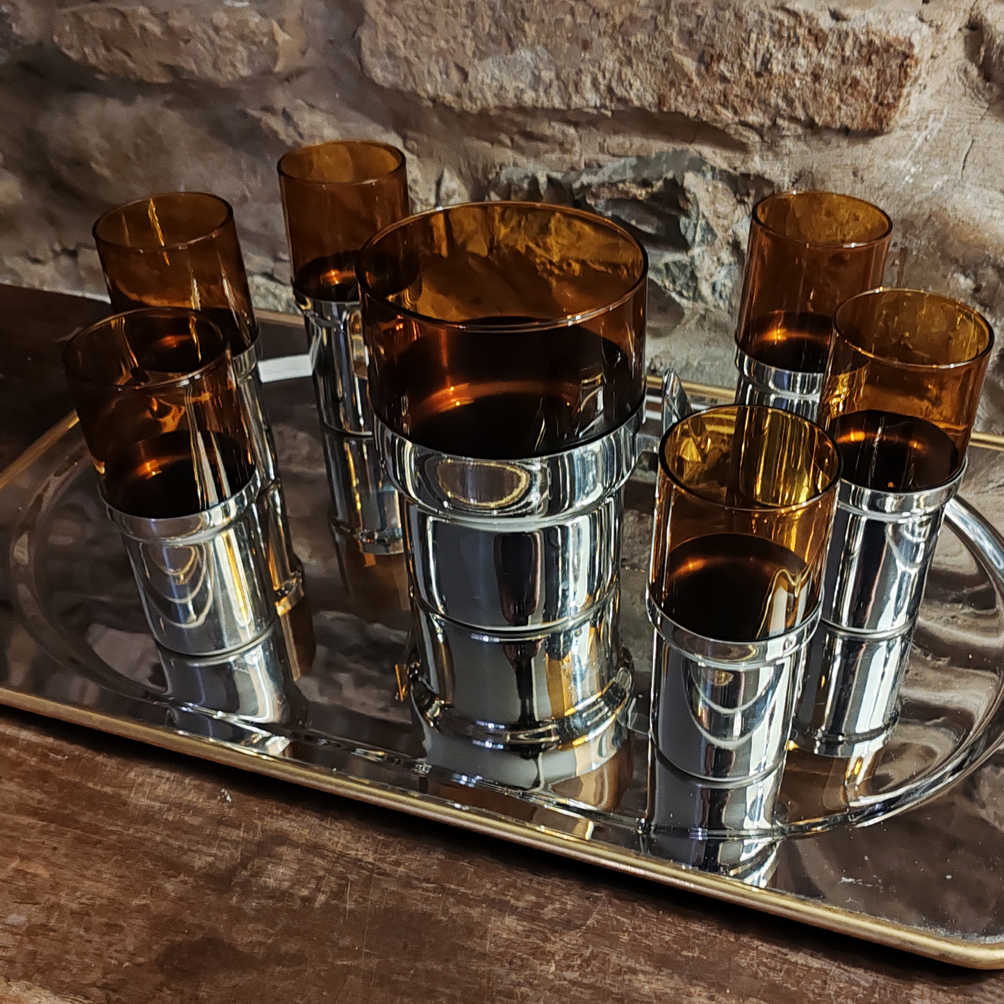 Glass and Metal set with Ice bucket and 6 glasses by PRAN - 1970s