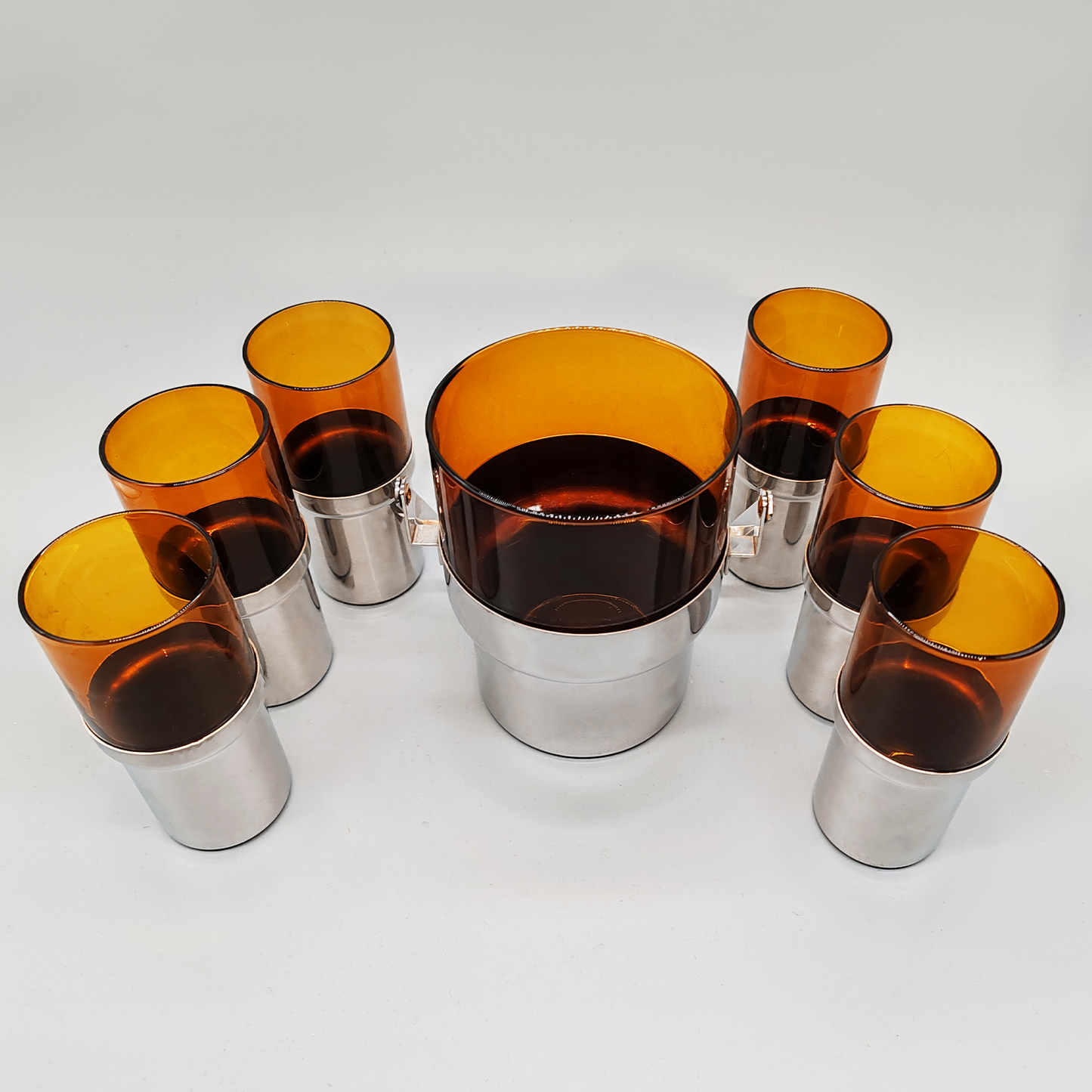Glass and Metal set with Ice bucket and 6 glasses by PRAN - 1970s