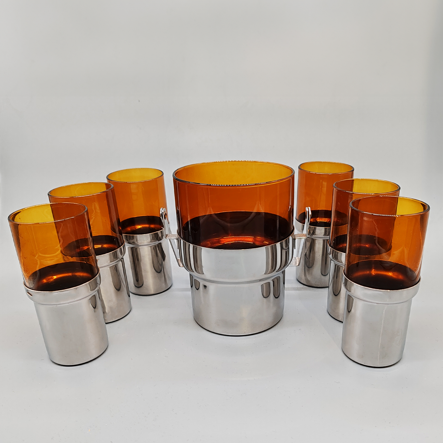 Glass and Metal set with Ice bucket and 6 glasses by PRAN - 1970s