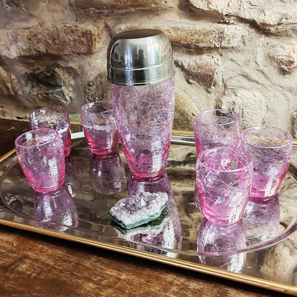 Stunning Set with Conctail Shaker and 6 Glasses in Pink Cracle Glass - 1960s