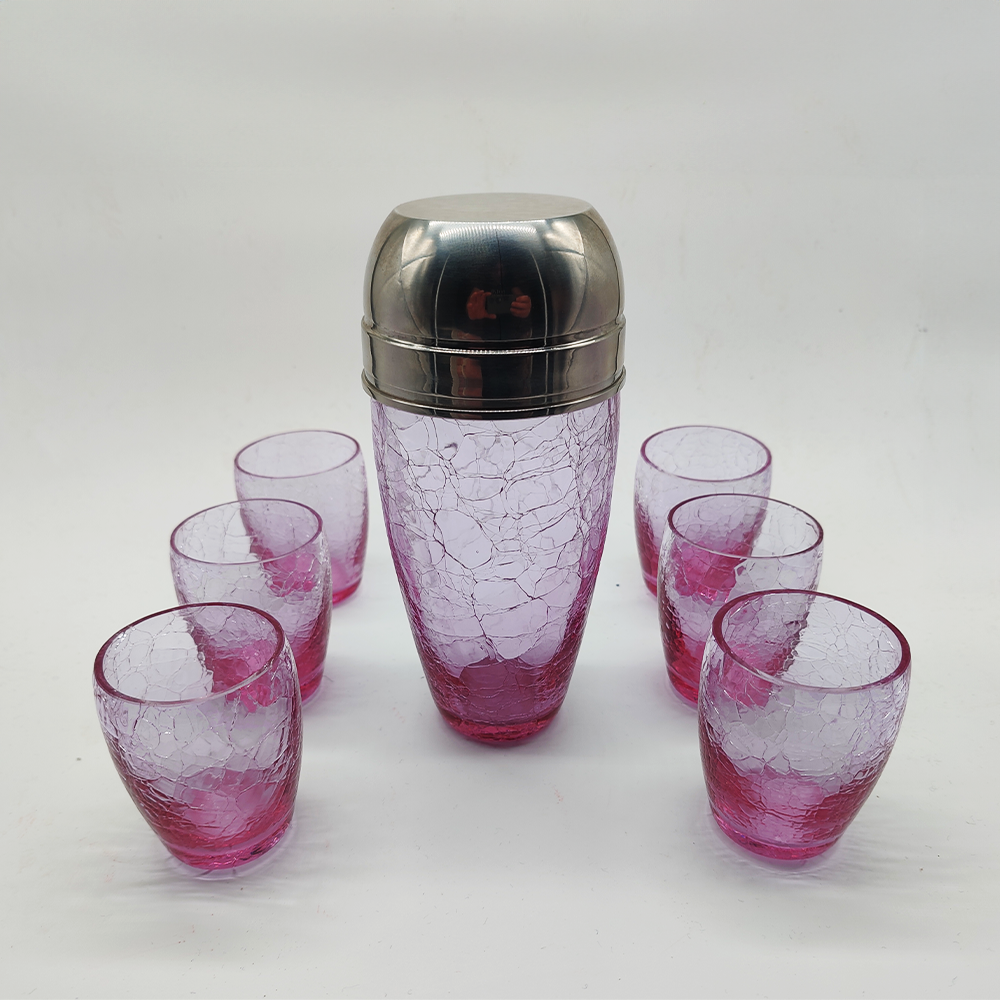 Stunning Set with Conctail Shaker and 6 Glasses in Pink Cracle Glass - 1960s