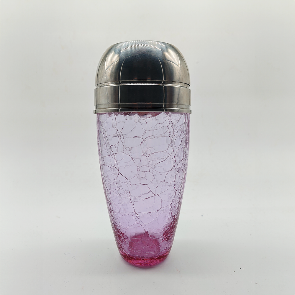 Stunning Set with Conctail Shaker and 6 Glasses in Pink Cracle Glass - 1960s