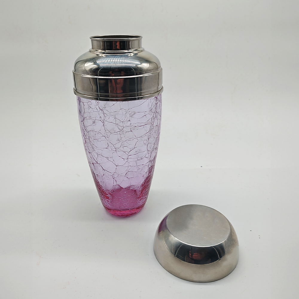 Stunning Set with Conctail Shaker and 6 Glasses in Pink Cracle Glass - 1960s