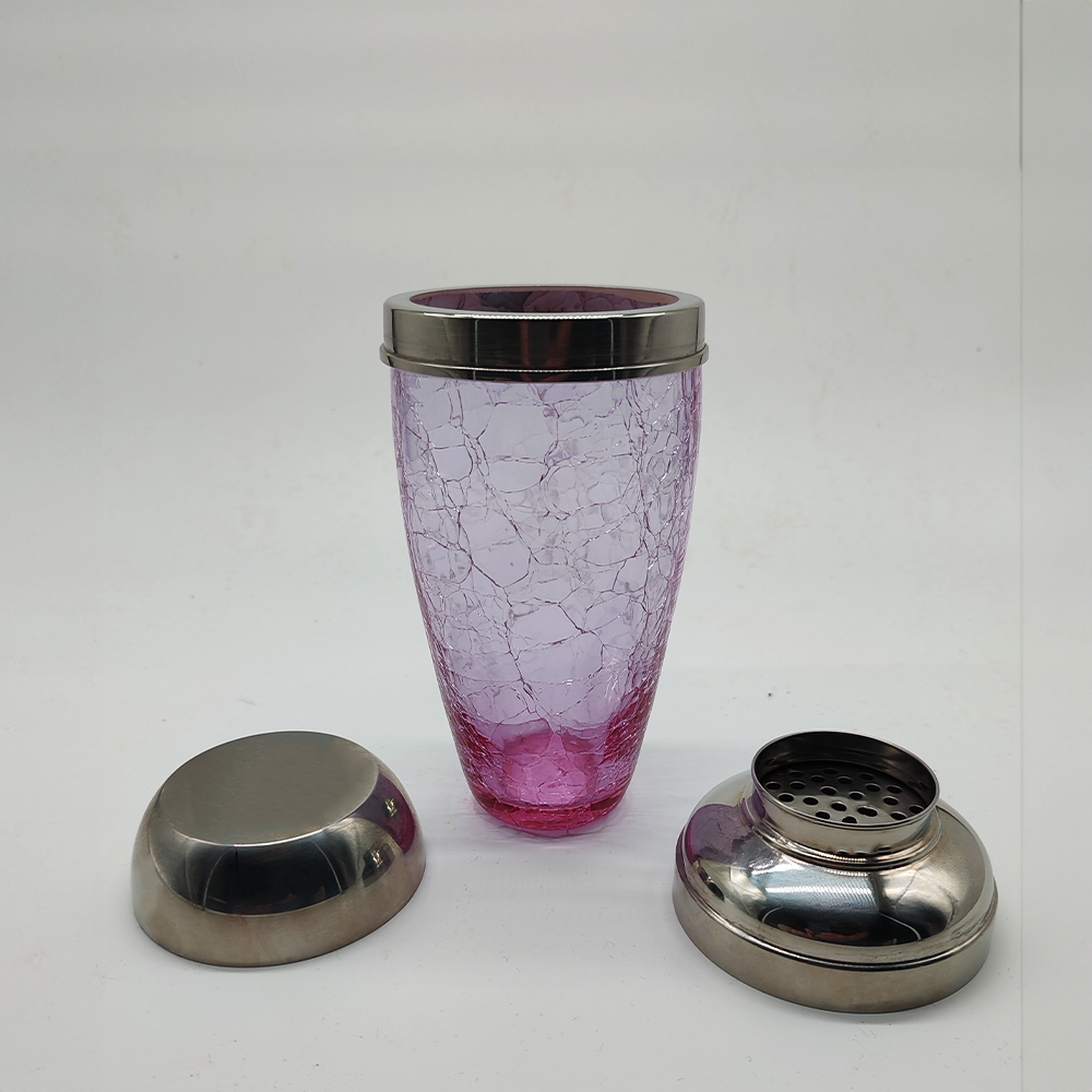 Stunning Set with Conctail Shaker and 6 Glasses in Pink Cracle Glass - 1960s