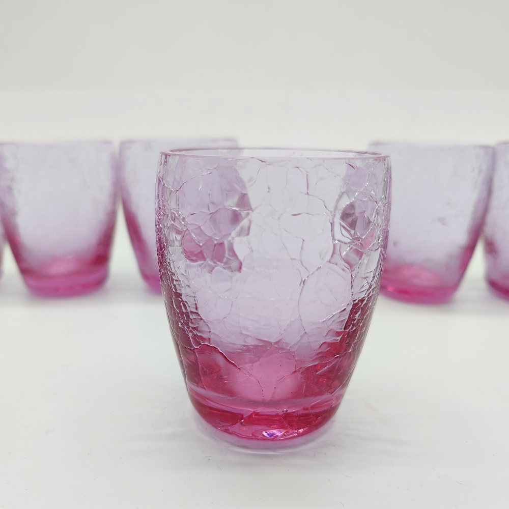 Stunning Set with Conctail Shaker and 6 Glasses in Pink Cracle Glass - 1960s