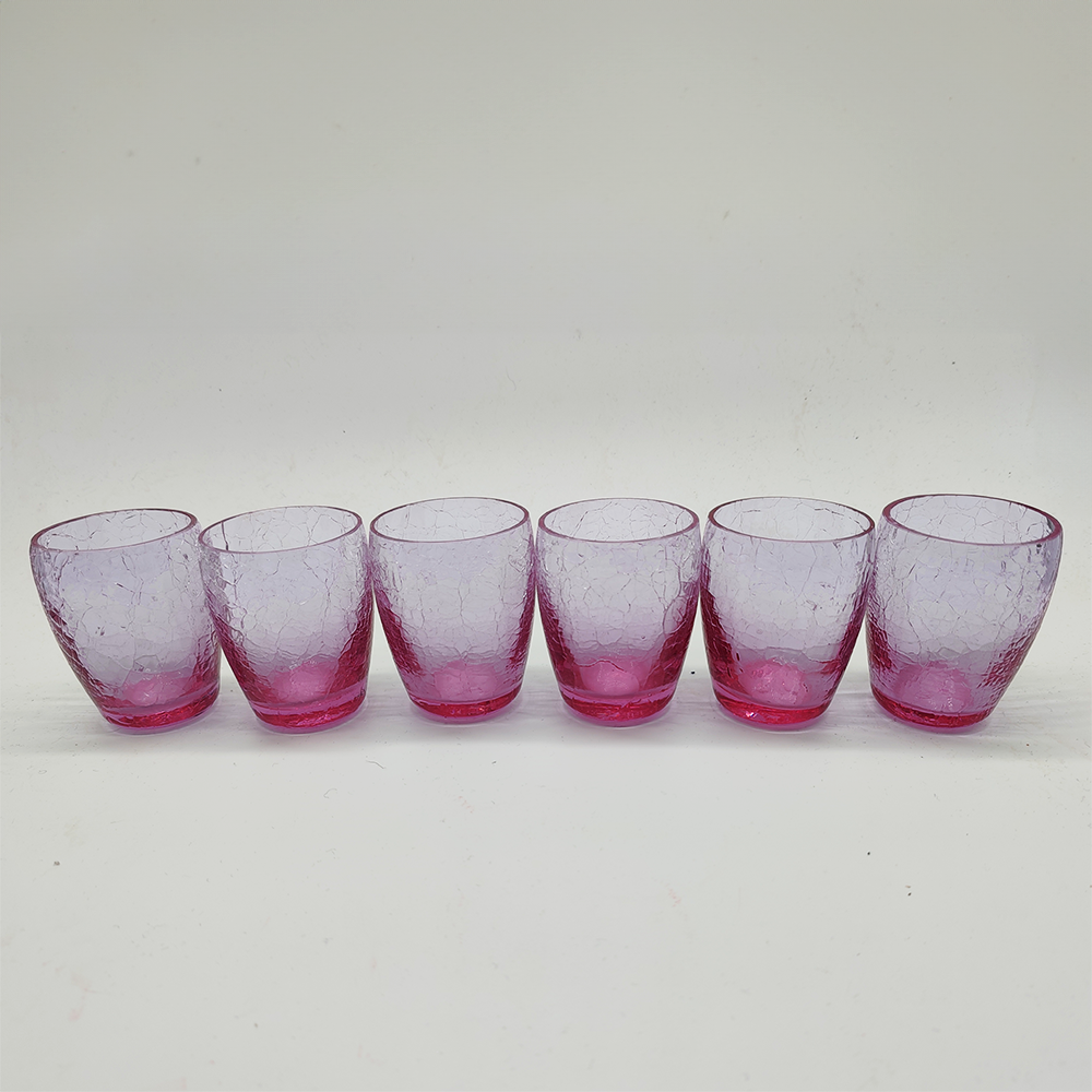 Stunning Set with Conctail Shaker and 6 Glasses in Pink Cracle Glass - 1960s