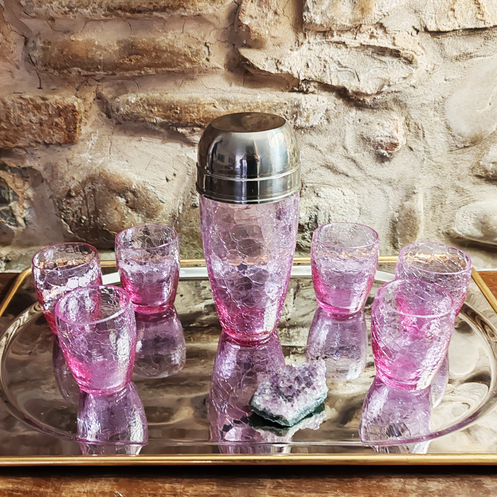 Stunning Set with Conctail Shaker and 6 Glasses in Pink Cracle Glass - 1960s