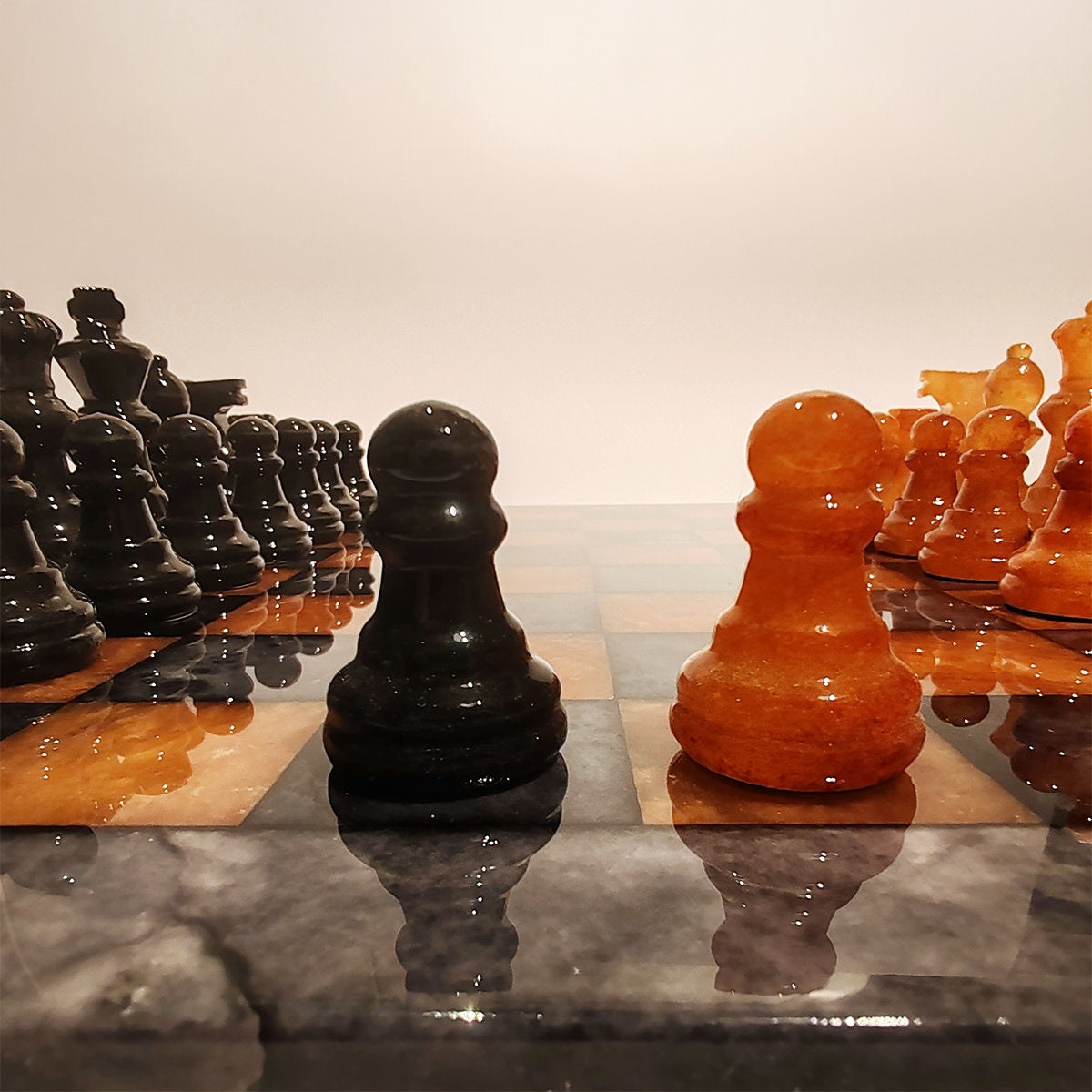 1970s Stunning Chess Set in Genuine Hand Carved Alabaster of Volterra - Black and Brown - Made in Italy