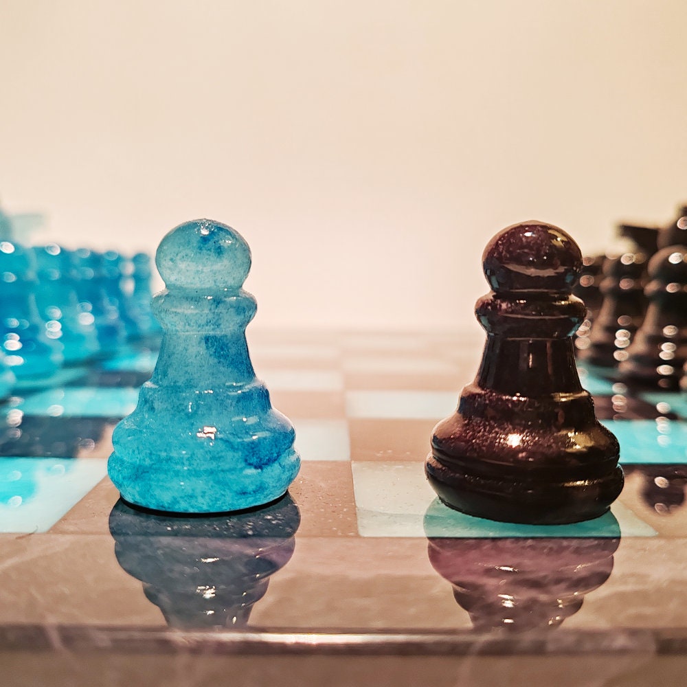 1970s Stunning Chess Set in Genuine Hand Carved Alabaster of Volterra - Black and Sky Blue - Made in Italy