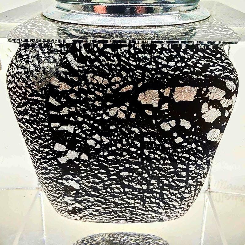 1980s Stunning Rare Lighter in Handworked Glossy Black Glass of Murano with Silver Accents by Mandruzzato. Made in Murano, Italy