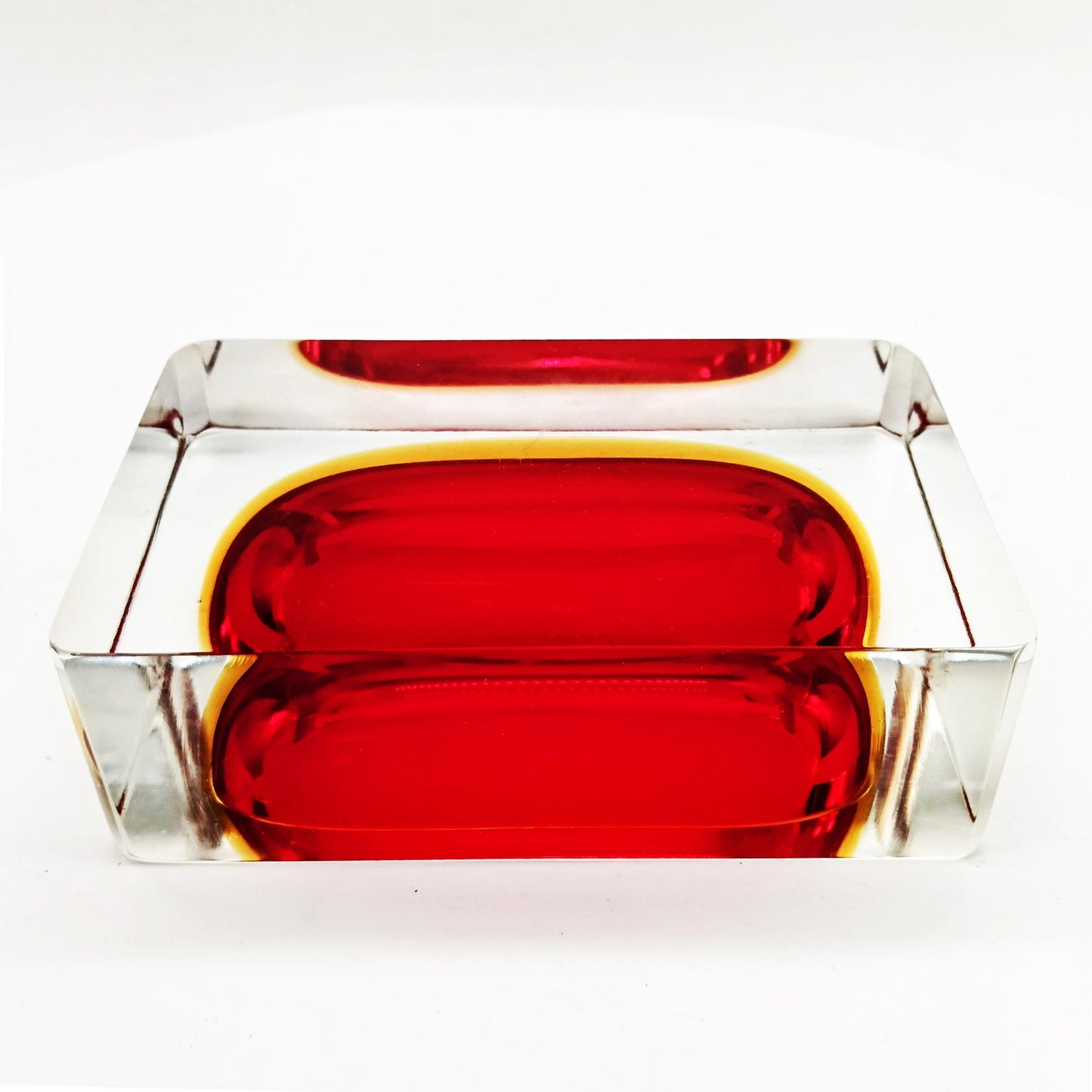 1960s Rare Rectangular Ashtray or Catch-all in Murano Glass by Flavio Poli for Seguso with faceted lateral sides. Made in Italy.