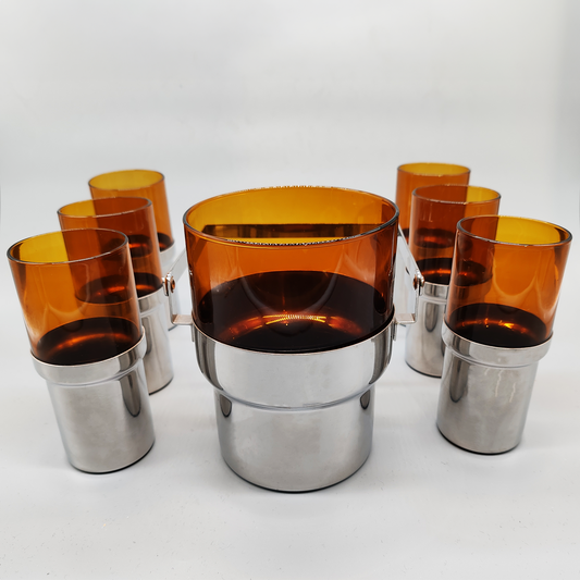 Glass and Metal set with Ice bucket and 6 glasses by PRAN - 1970s