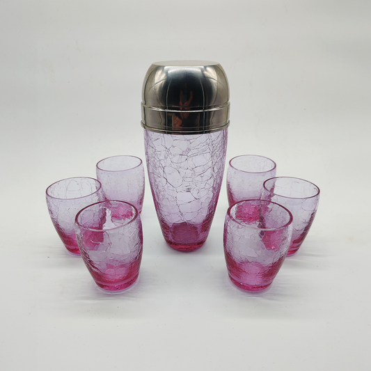 Stunning Set with Conctail Shaker and 6 Glasses in Pink Cracle Glass - 1960s