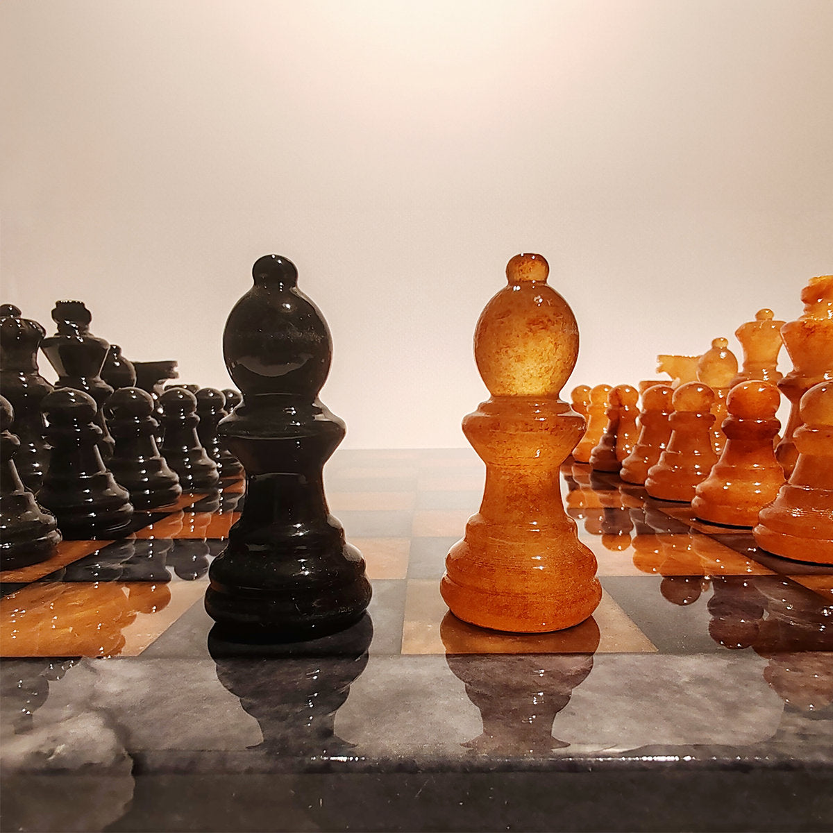 1970s Stunning Chess Set in Genuine Hand Carved Alabaster of Volterra - Black and Brown - Made in Italy