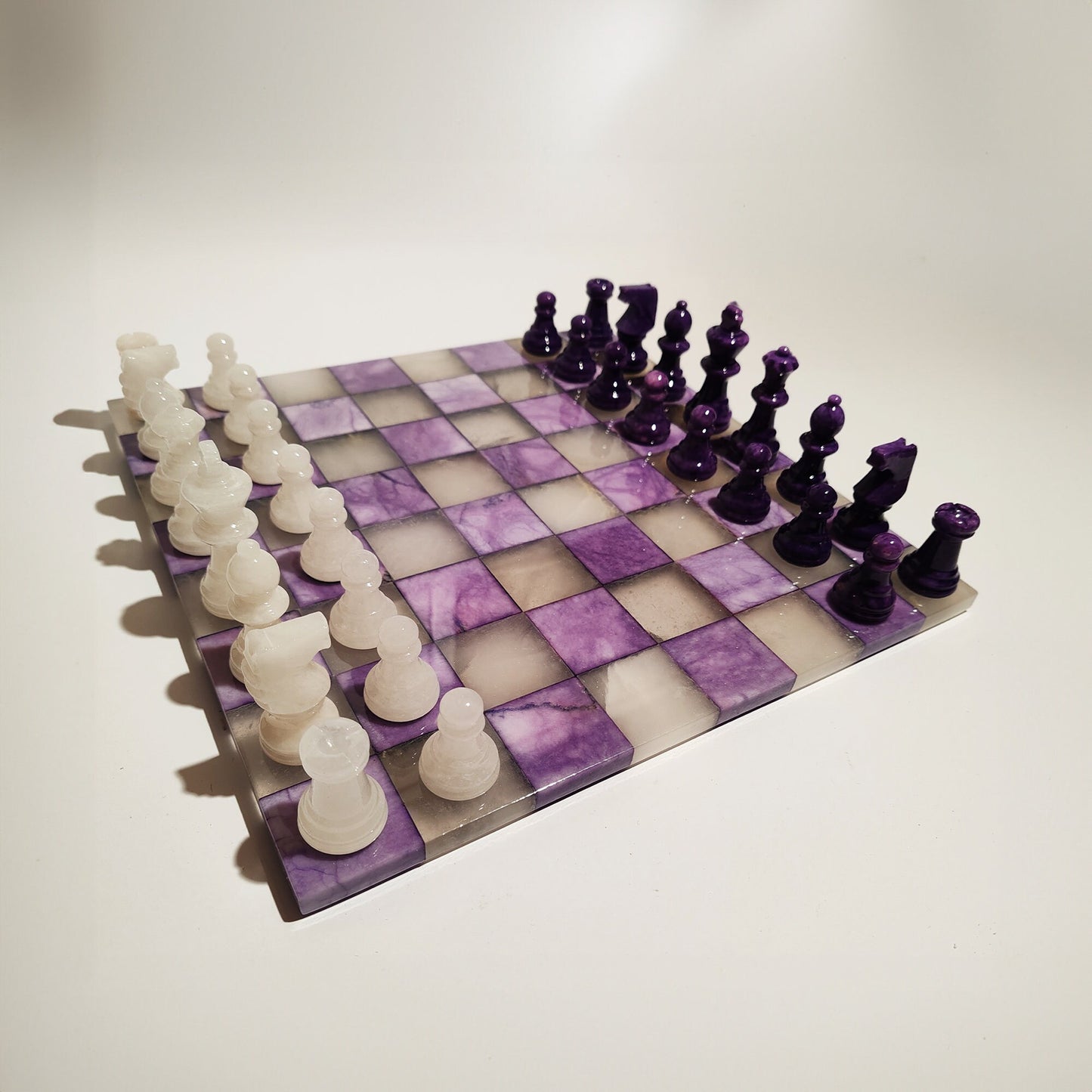 1970s Chess Set in Hand Carved Genuine  Alabaster of Volterra.  Transparent White and Purple - Made in Italy