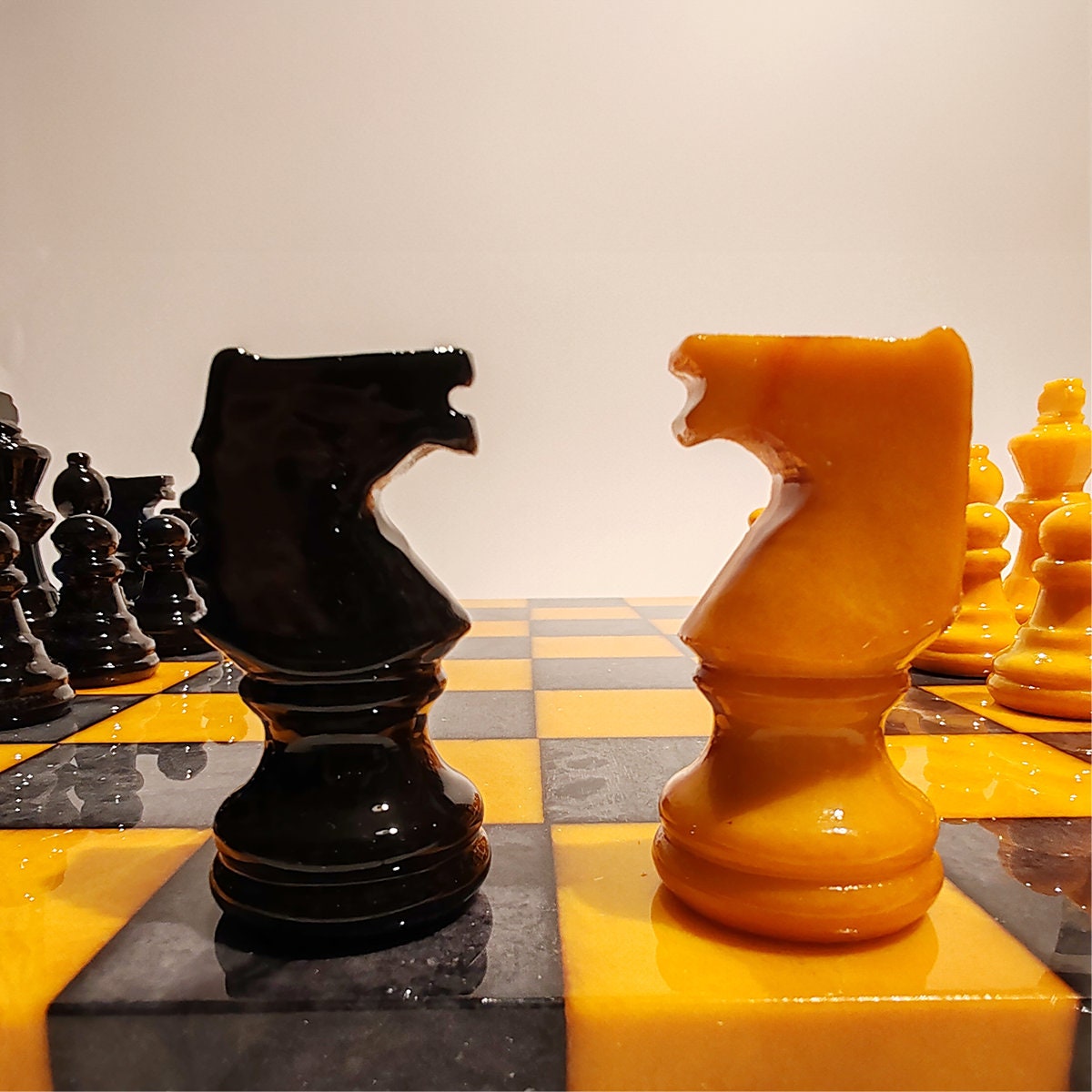 1970s Chess Set in Genuine Hand carved Italian Alabaster of Volterra - Yellow and Black.
