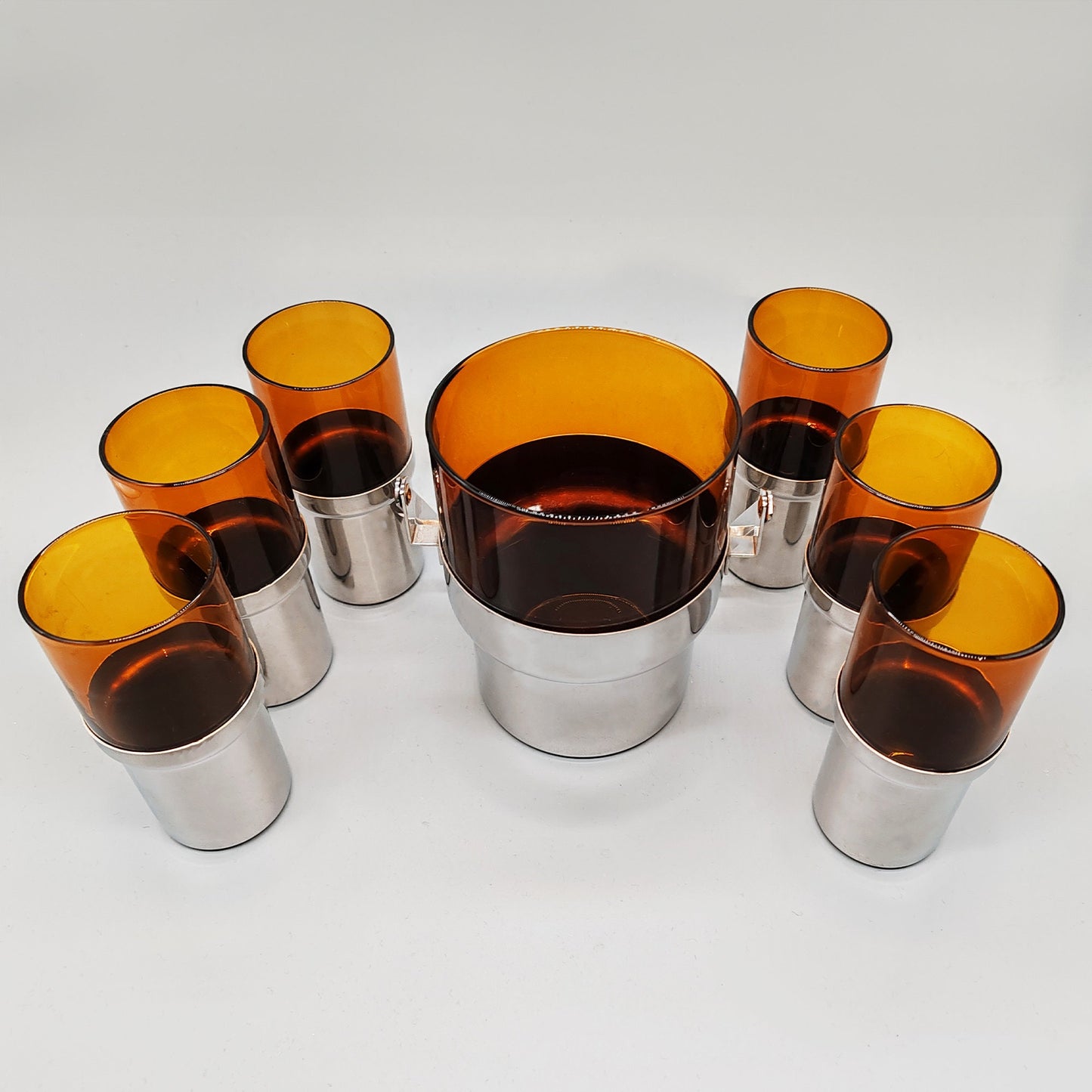 Vintage Glass and Metal set with Ice bucket and 6 glasses by PRAN - 1970s