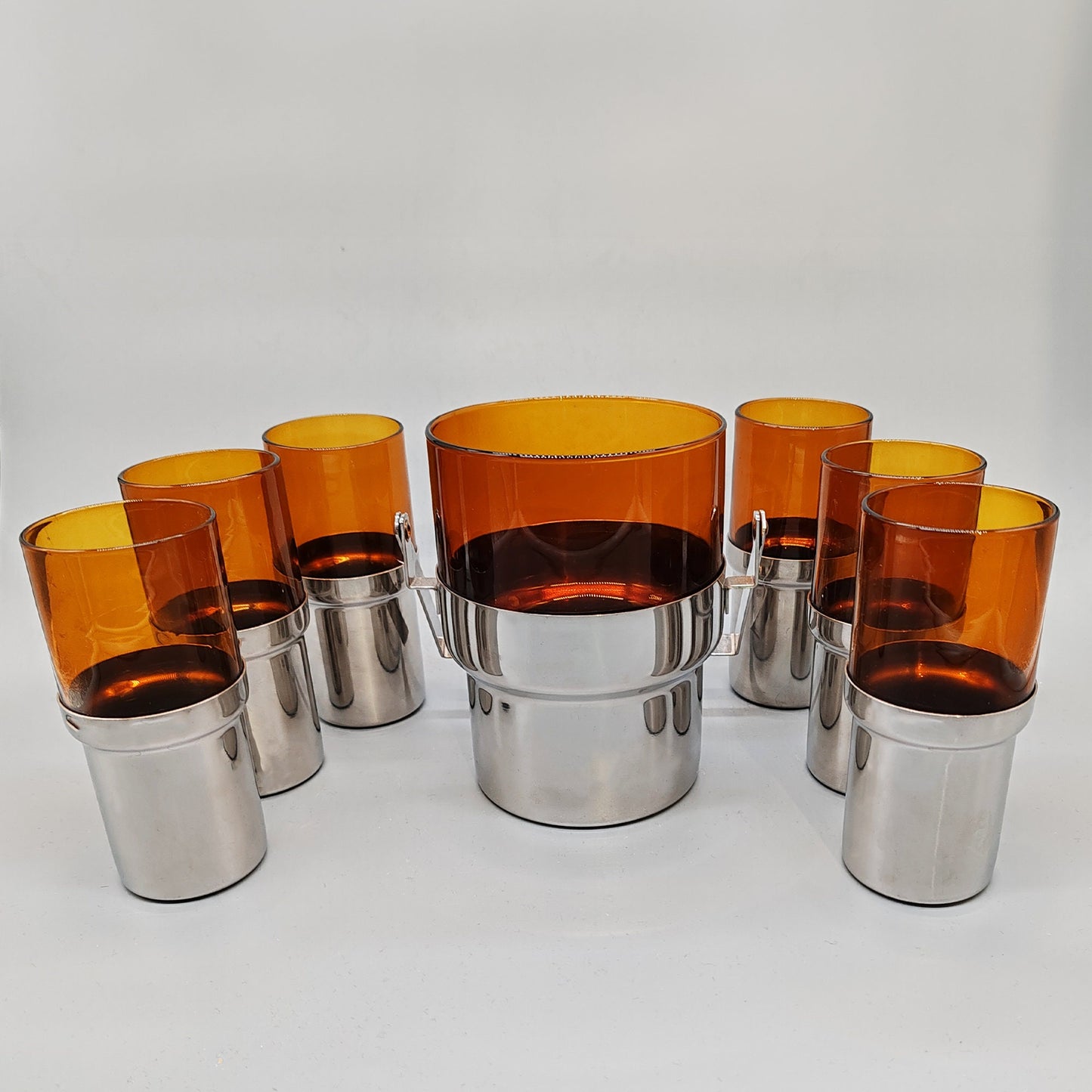 Vintage Glass and Metal set with Ice bucket and 6 glasses by PRAN - 1970s
