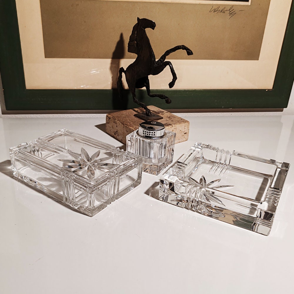 Vintage Crystal Smoking Set "Palms" by Kristall Krisla. Made in Italy, 1970s