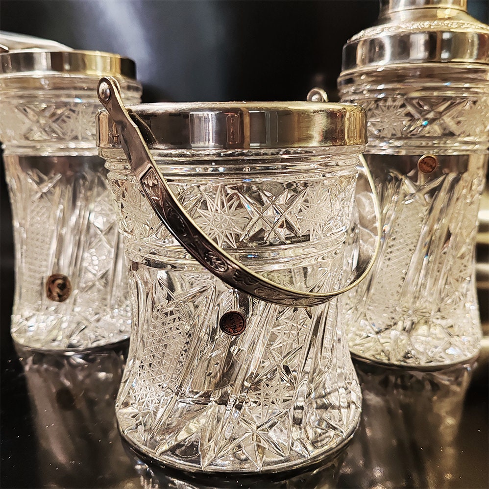 1960s Set with 2 Cocktail Shaker and Ice Bucket in Lead Crystal by Kristall Krisla. Made in Italy.