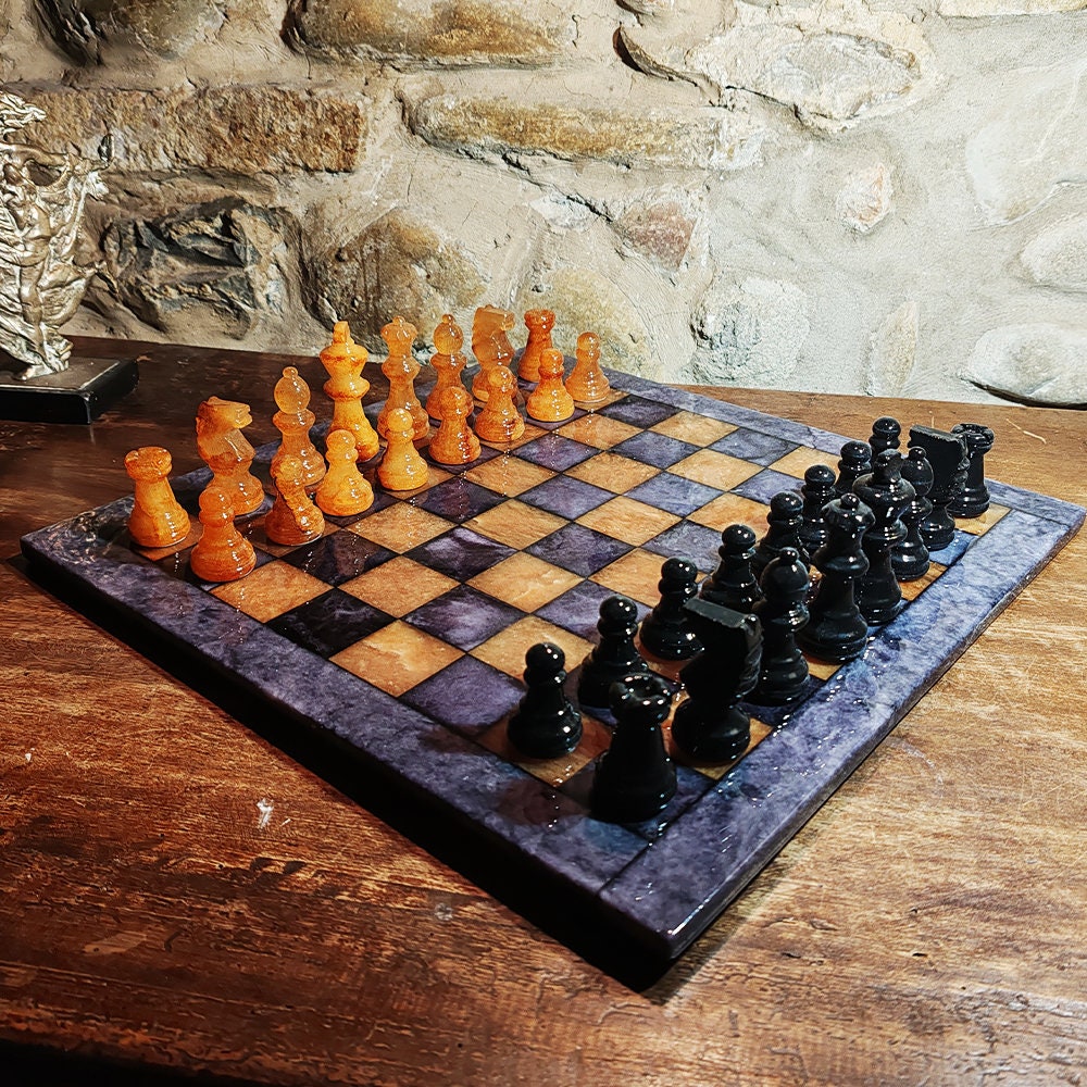 1970s Stunning Chess Set in Genuine Hand Carved Alabaster of Volterra - Black and Brown - Made in Italy