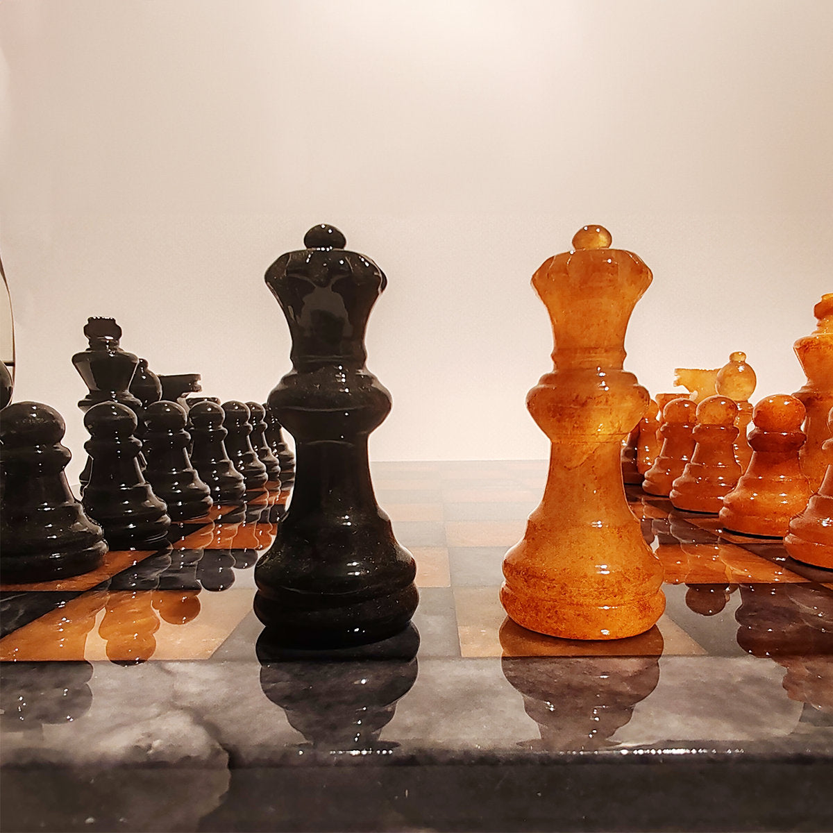 1970s Stunning Chess Set in Genuine Hand Carved Alabaster of Volterra - Black and Brown - Made in Italy