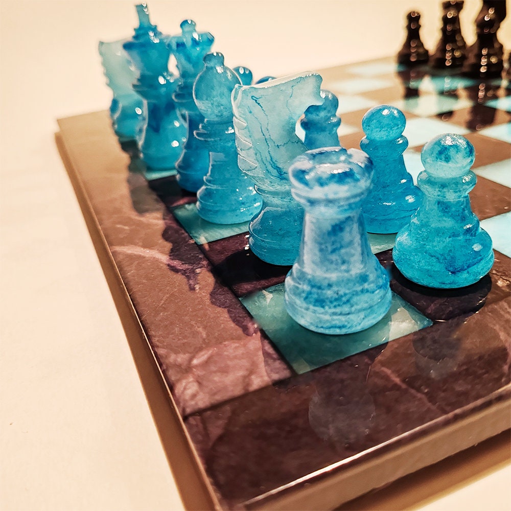 1970s Stunning Chess Set in Genuine Hand Carved Alabaster of Volterra - Black and Sky Blue - Made in Italy
