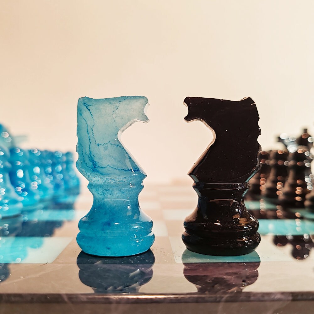 1970s Stunning Chess Set in Genuine Hand Carved Alabaster of Volterra - Black and Sky Blue - Made in Italy