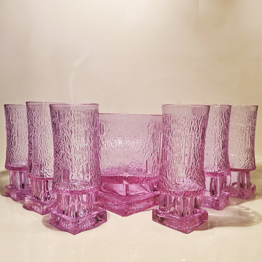 1960s Stunning Set with Ice Bucket and 6 Glasses in Murano Glass - Alexandrite. Made in Italy.
