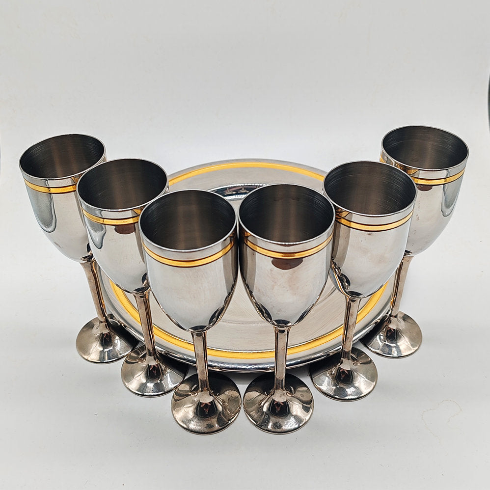 1970s Big Set with Ice Bucket, Tray and 6 Glasses by VEV in Stainless Steel and Gold.