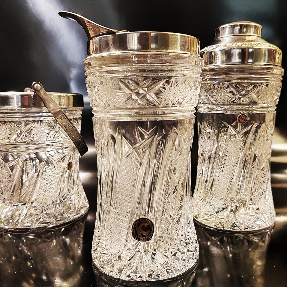 1960s Set with 2 Cocktail Shaker and Ice Bucket in Lead Crystal by Kristall Krisla. Made in Italy.