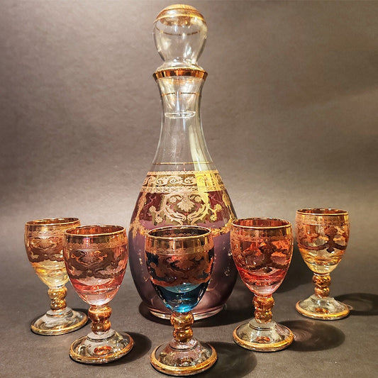 1950s Wonderful Bottle and 5 Glasses in Baroque Venetian Glass with Gold trim. Made in Venice - Italy