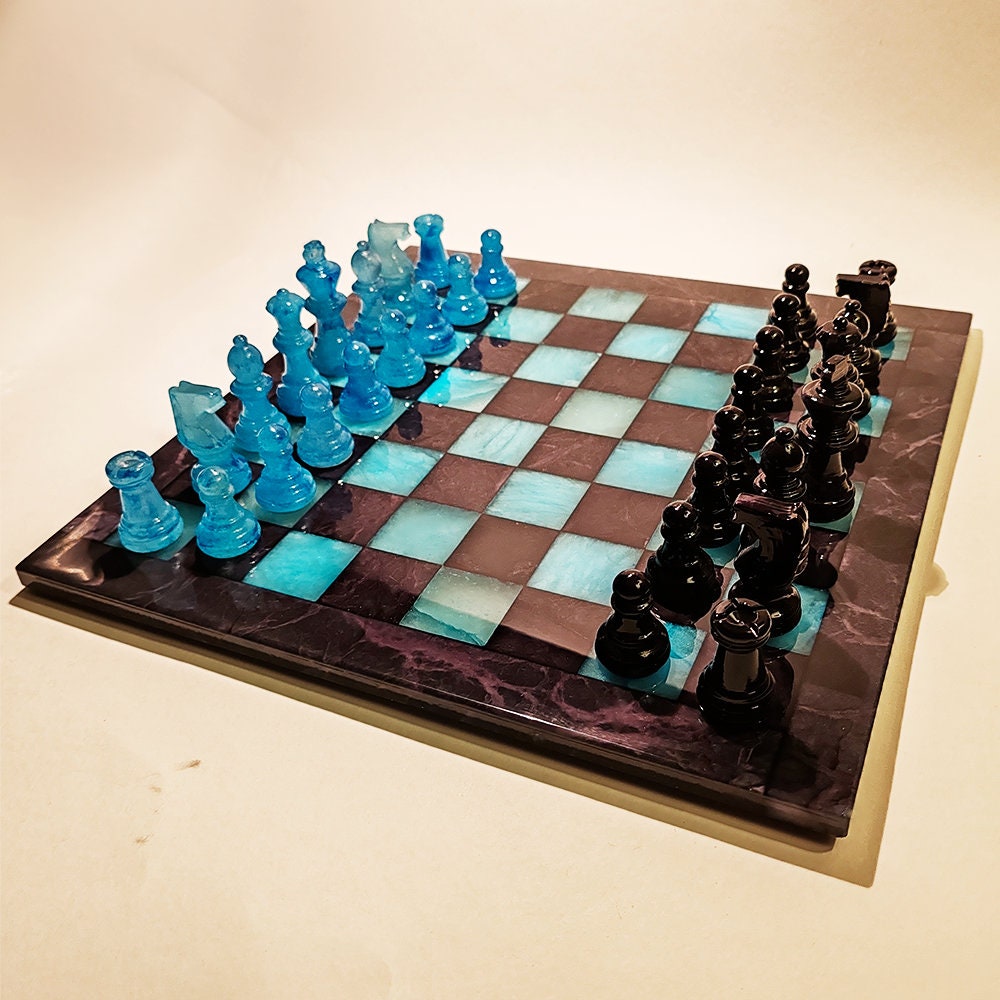 1970s Stunning Chess Set in Genuine Hand Carved Alabaster of Volterra - Black and Sky Blue - Made in Italy