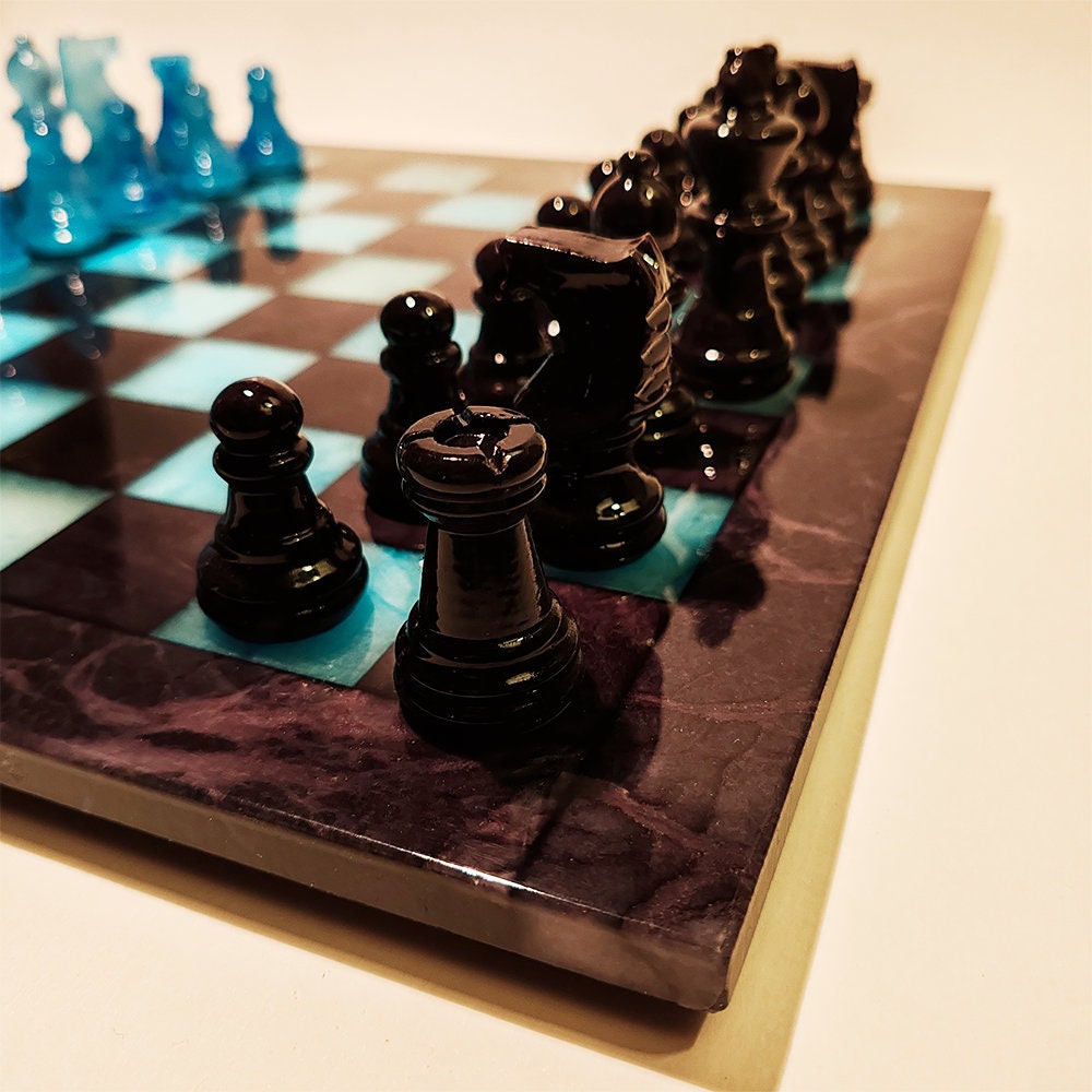 1970s Stunning Chess Set in Genuine Hand Carved Alabaster of Volterra - Black and Sky Blue - Made in Italy