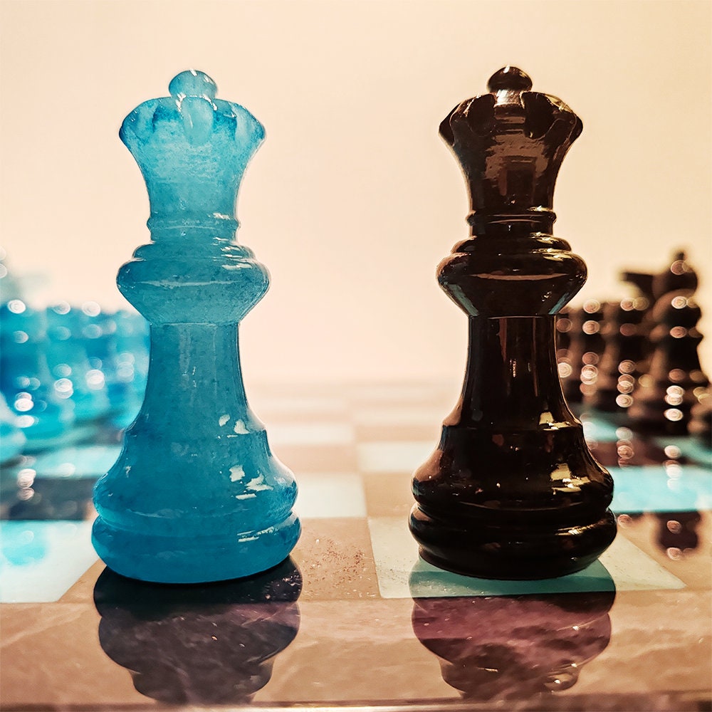 1970s Stunning Chess Set in Genuine Hand Carved Alabaster of Volterra - Black and Sky Blue - Made in Italy