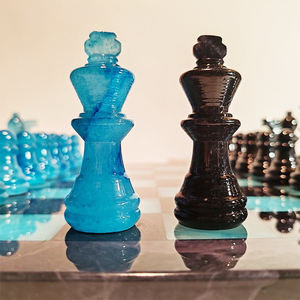1970s Stunning Chess Set in Genuine Hand Carved Alabaster of Volterra - Black and Sky Blue - Made in Italy