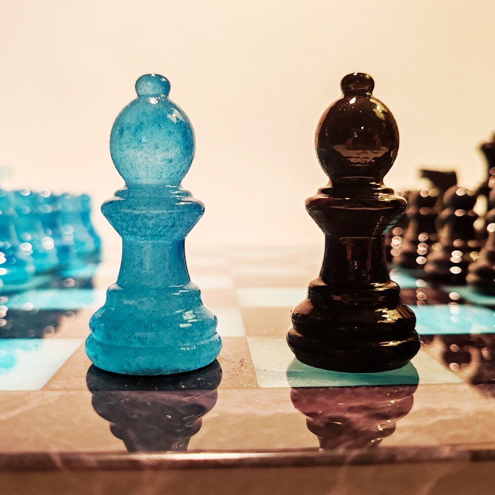 1970s Stunning Chess Set in Genuine Hand Carved Alabaster of Volterra - Black and Sky Blue - Made in Italy