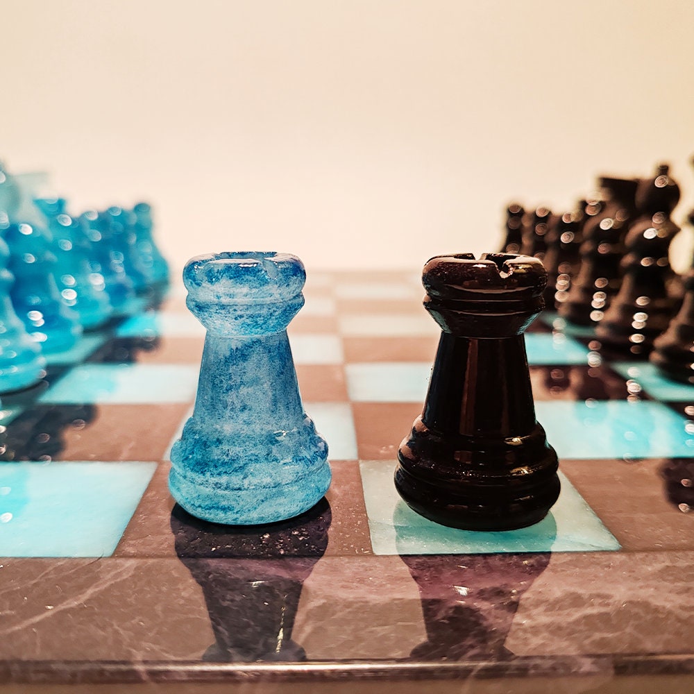 1970s Stunning Chess Set in Genuine Hand Carved Alabaster of Volterra - Black and Sky Blue - Made in Italy