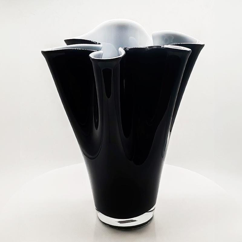 1960s Stunning Big Jacketed Fazzoletto Vase in Murano Glass - Bright Black and White. Made in Italy