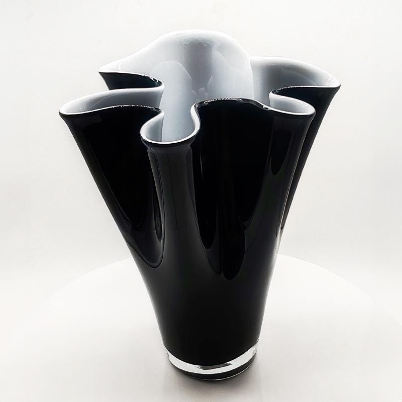 1960s Stunning Big Jacketed Fazzoletto Vase in Murano Glass - Bright Black and White. Made in Italy