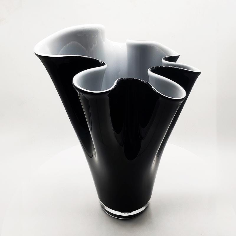1960s Stunning Big Jacketed Fazzoletto Vase in Murano Glass - Bright Black and White. Made in Italy