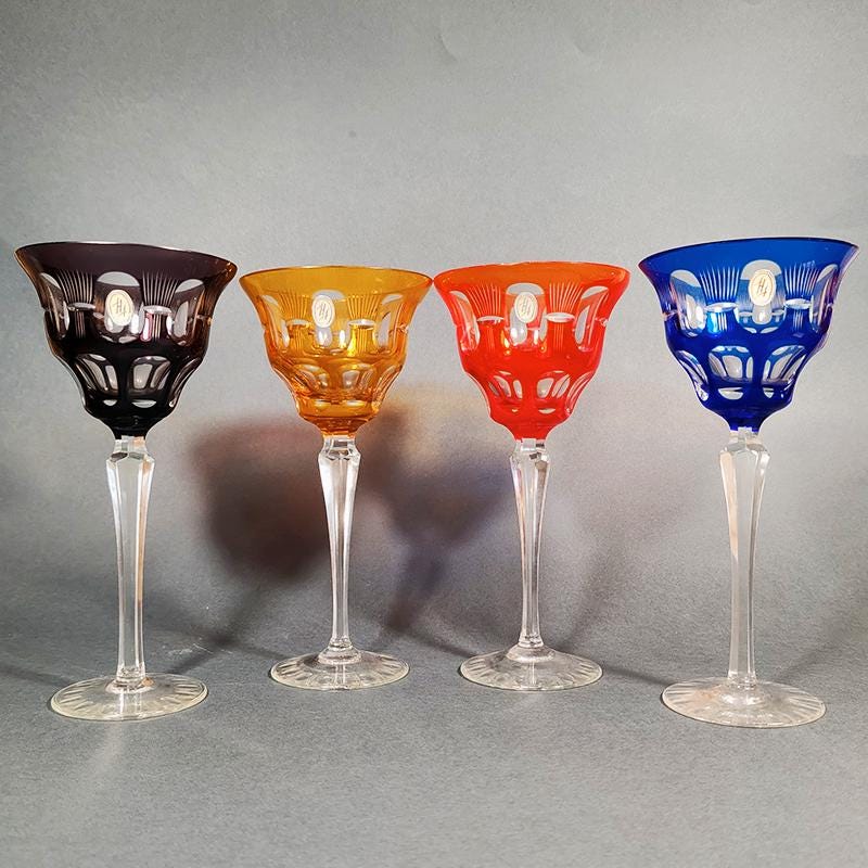 1950s  Set of 4 Big Crystal Glasses by Nachtman. Diam 10  - 20 h cm. / Diam 3.93 - 7.87 h inches.