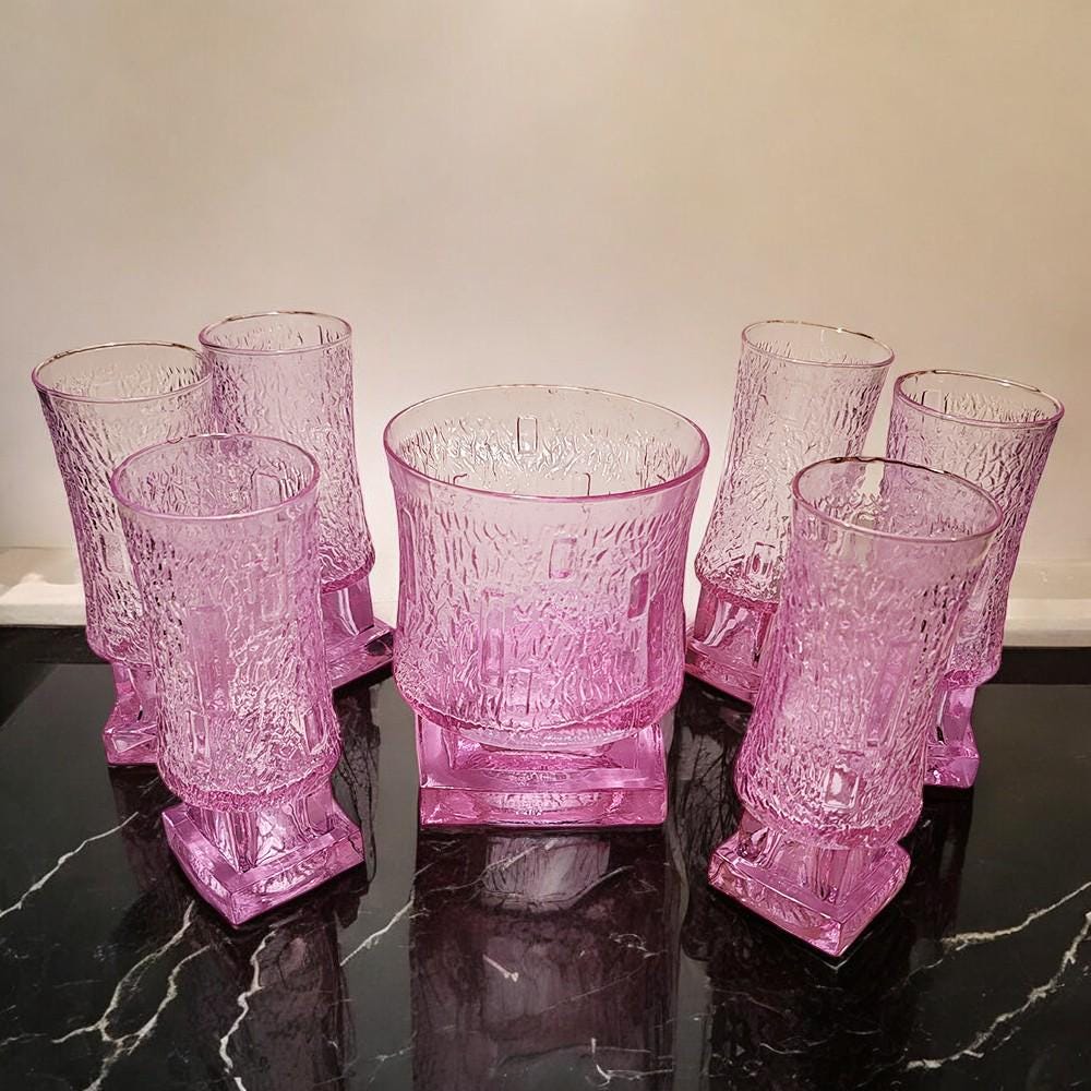 1960s Stunning Set with Ice Bucket and 6 Glasses in Murano Glass - Alexandrite. Made in Italy.