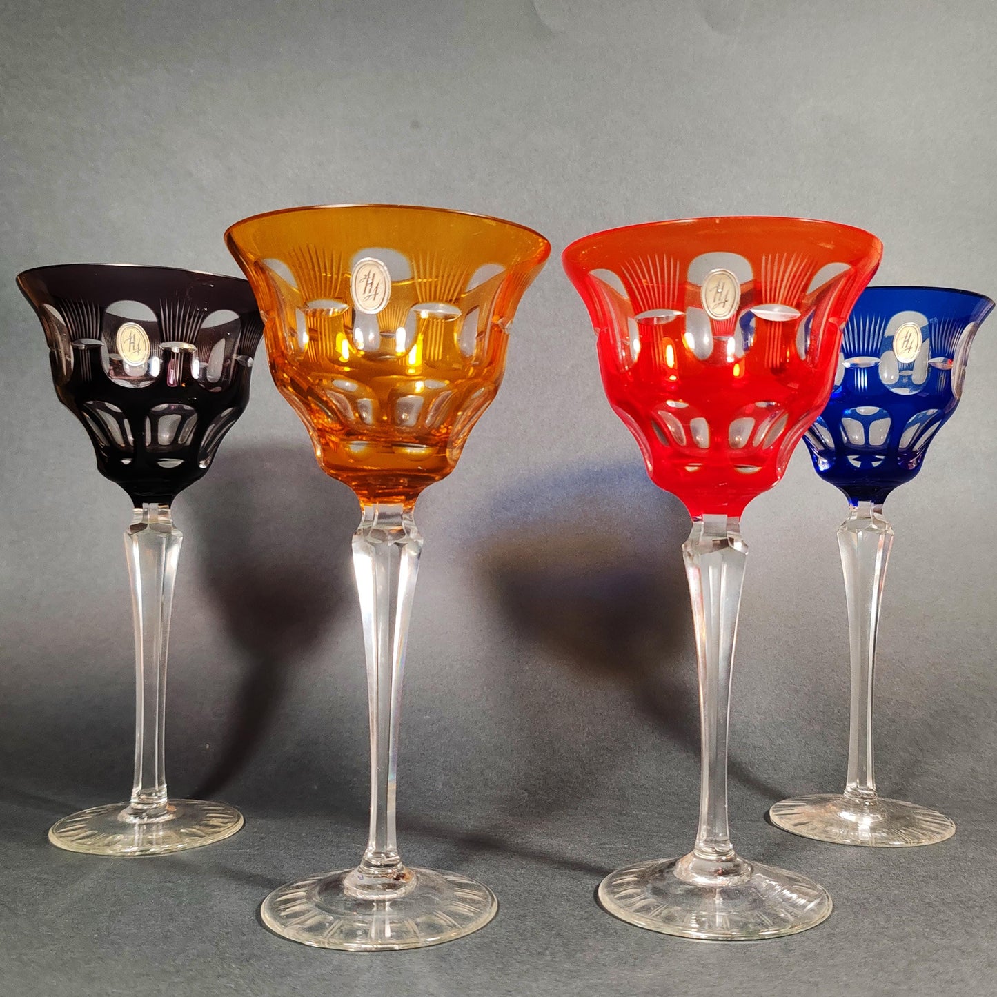 1950s  Set of 4 Big Crystal Glasses by Nachtman. Diam 10  - 20 h cm. / Diam 3.93 - 7.87 h inches.