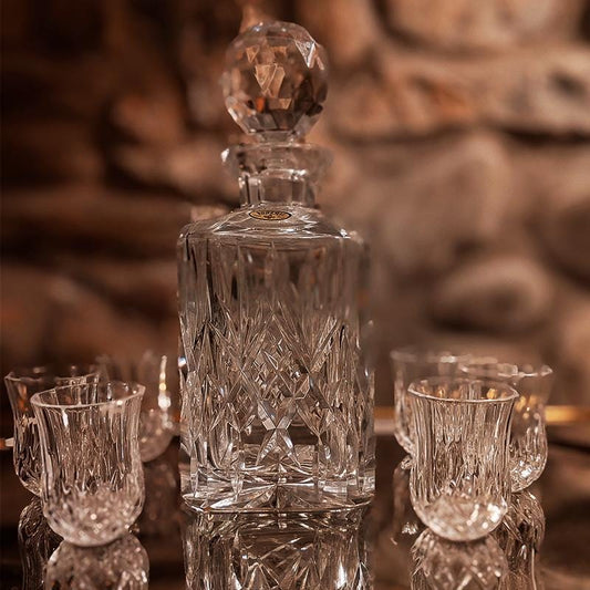 1960s Set with a Stunning Bottle and 6 Glasses in Hand-Worked Crystal of Bohemia with the Original Label.