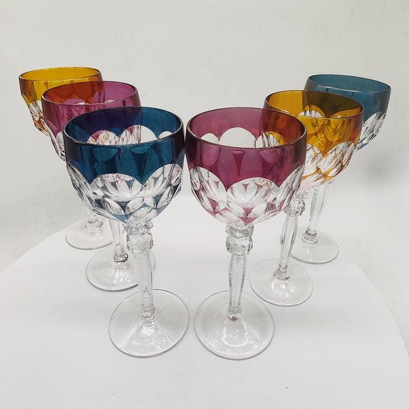 1970s Set of 6 wine Glasses in Lead Crystal by Hofbauer Crystal - Baviera. Made in Germany.