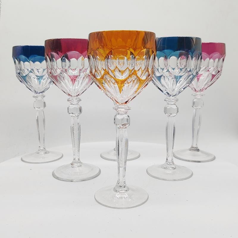 1970s Set of 6 wine Glasses in Lead Crystal by Hofbauer Crystal - Baviera. Made in Germany.