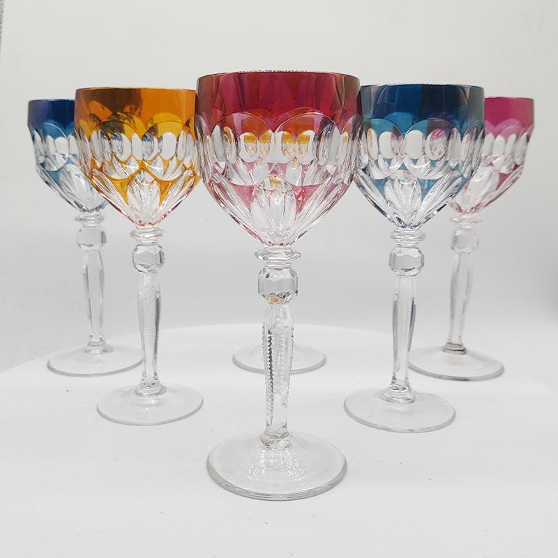 1970s Set of 6 wine Glasses in Lead Crystal by Hofbauer Crystal - Baviera. Made in Germany.