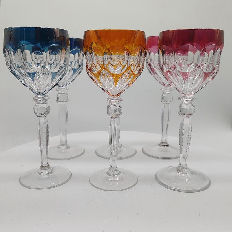 1970s Set of 6 wine Glasses in Lead Crystal by Hofbauer Crystal - Baviera. Made in Germany.